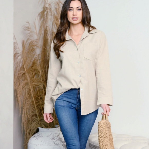 If She Loves Chiv Beige Relaxed Fit Boyfriend Shirt - Picture 2 of 8